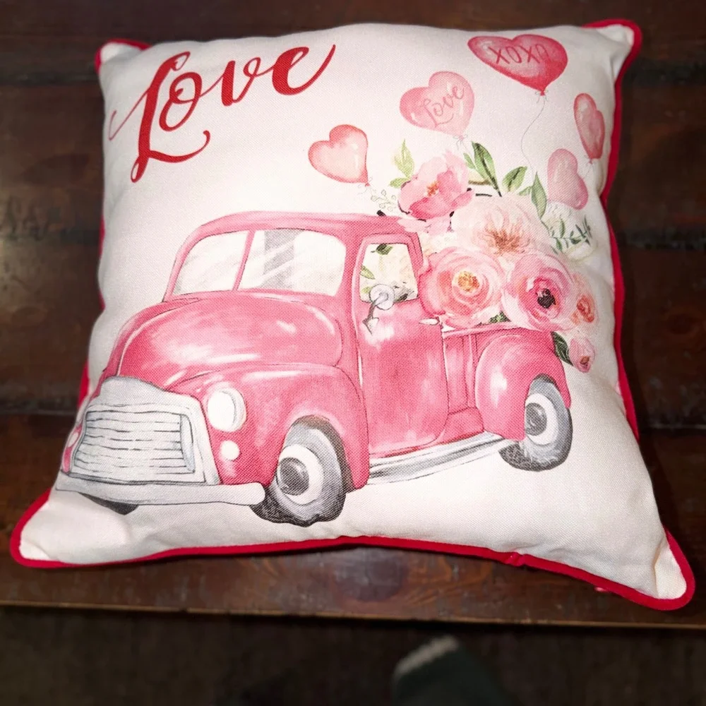 Valentines Day‎ Vintage Pink Truck Heart Balloons Roses Decorative Throw Pillow